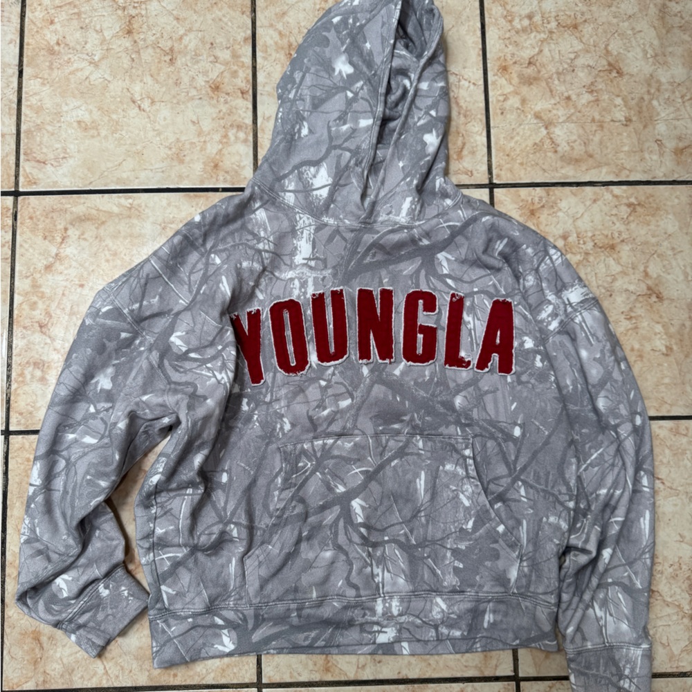 Gray Camouflage Hoodie with Red 'YOUNGLA' Applique